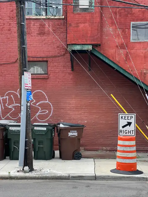 Urban layers: brick, wires, and street signs.